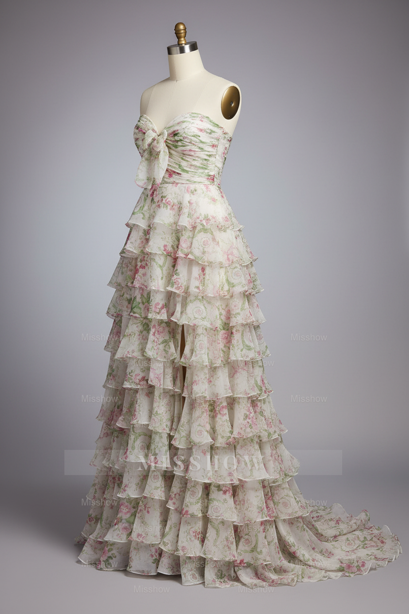 Elegant Floral Print Strapless Tiered Ruffle Prom Dress with Corset Back and High Slit