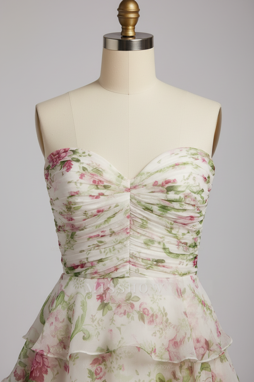 Elegant Floral Print Strapless Tiered Ruffle Prom Dress with Corset Back and High Slit