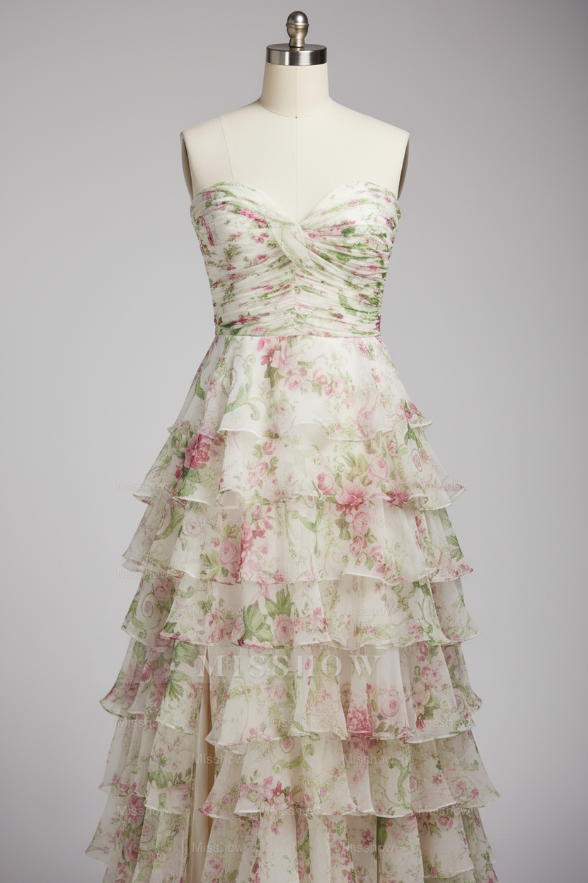 Elegant Floral Print Strapless Tiered Ruffle Prom Dress with Corset Back and High Slit
