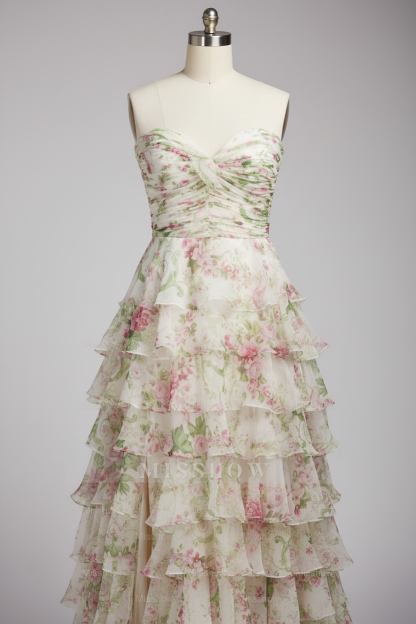 Elegant Floral Print Strapless Tiered Ruffle Prom Dress with Corset Back and High Slit