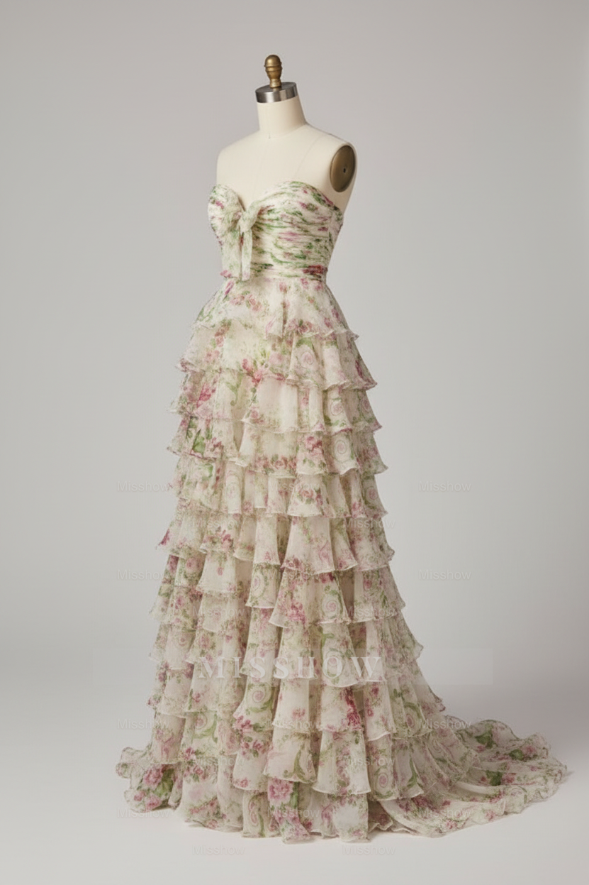 Elegant Floral Print Strapless Tiered Ruffle Prom Dress with Corset Back and High Slit