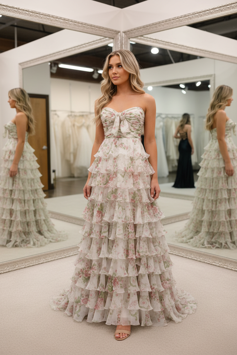 Elegant Floral Print Strapless Tiered Ruffle Prom Dress with Corset Back and High Slit