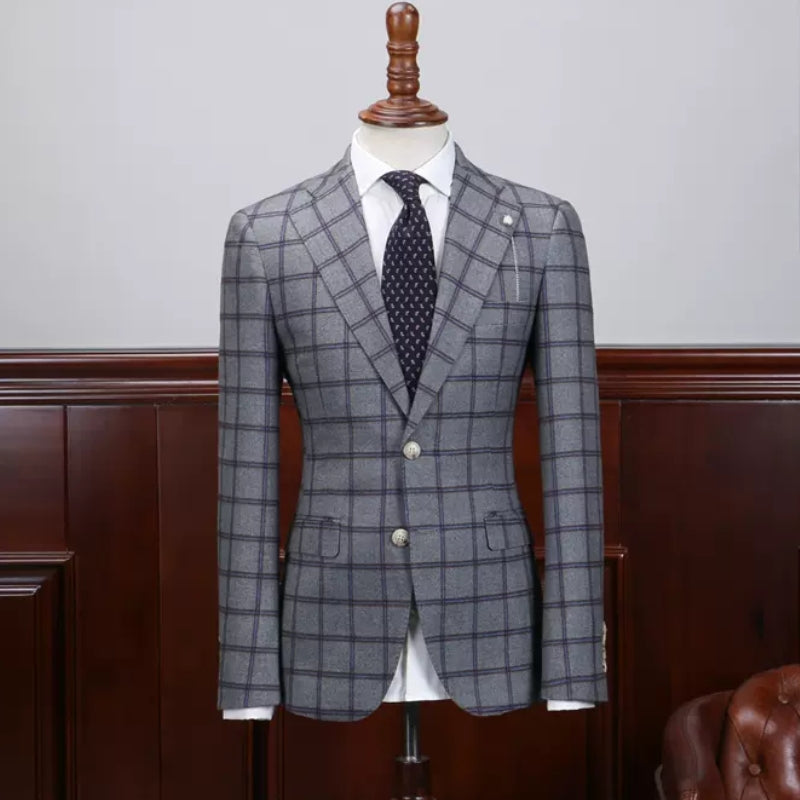 Elegant Gray Checkered Notch Lapel Business Attire for Men