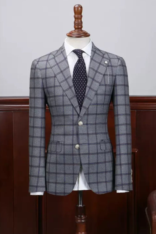 Elegant Gray Checkered Notch Lapel Business Attire for Men
