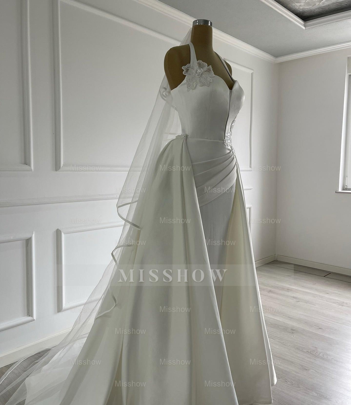 Elegant Ivory Halter Sleeveless Mermaid Wedding Dress with Detachable Train