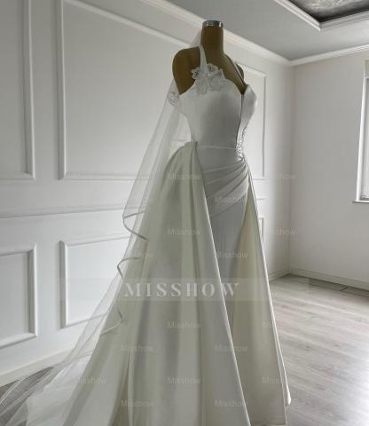 Elegant Ivory Halter Sleeveless Mermaid Wedding Dress with Detachable Train