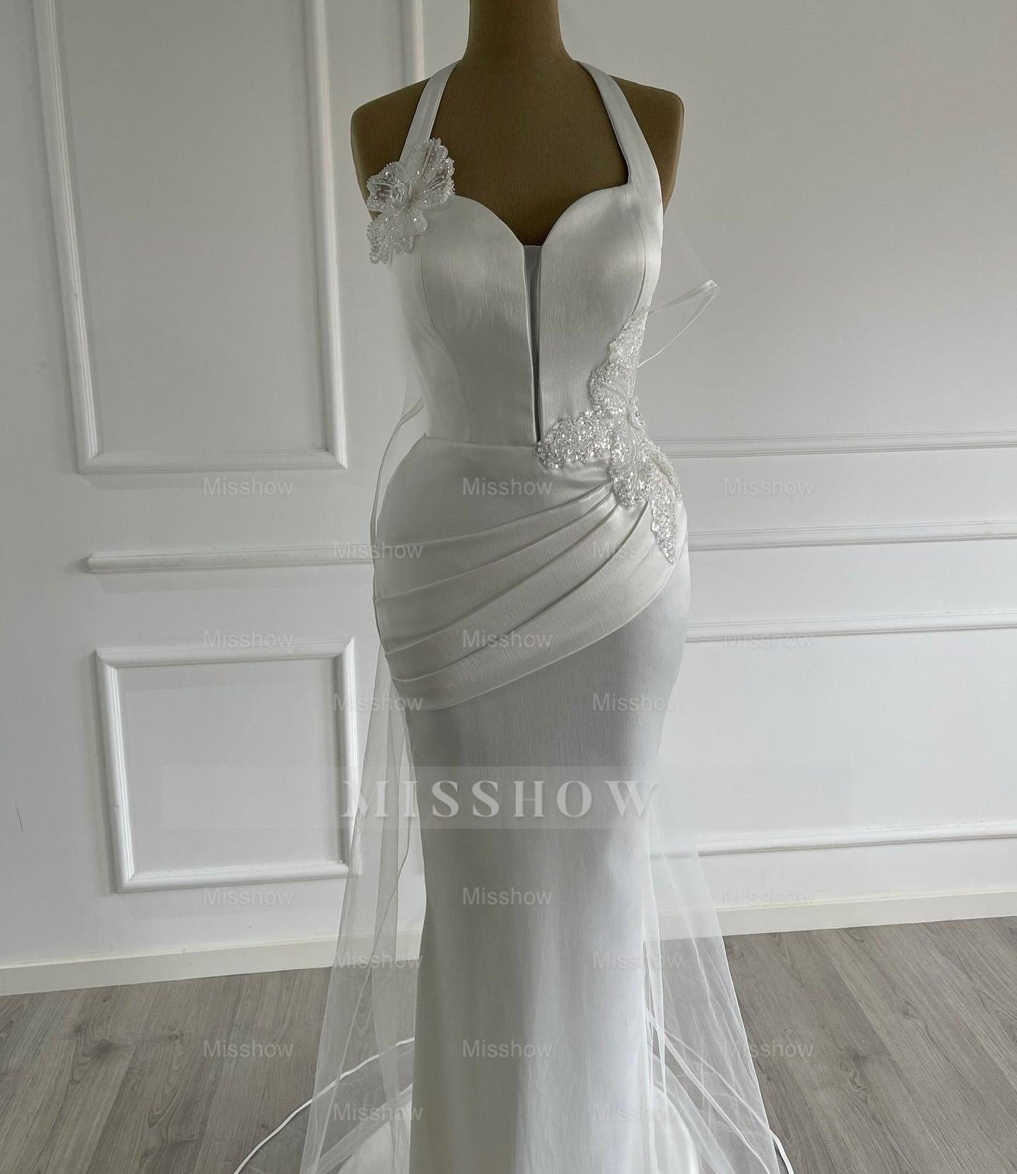 Elegant Ivory Halter Sleeveless Mermaid Wedding Dress with Detachable Train