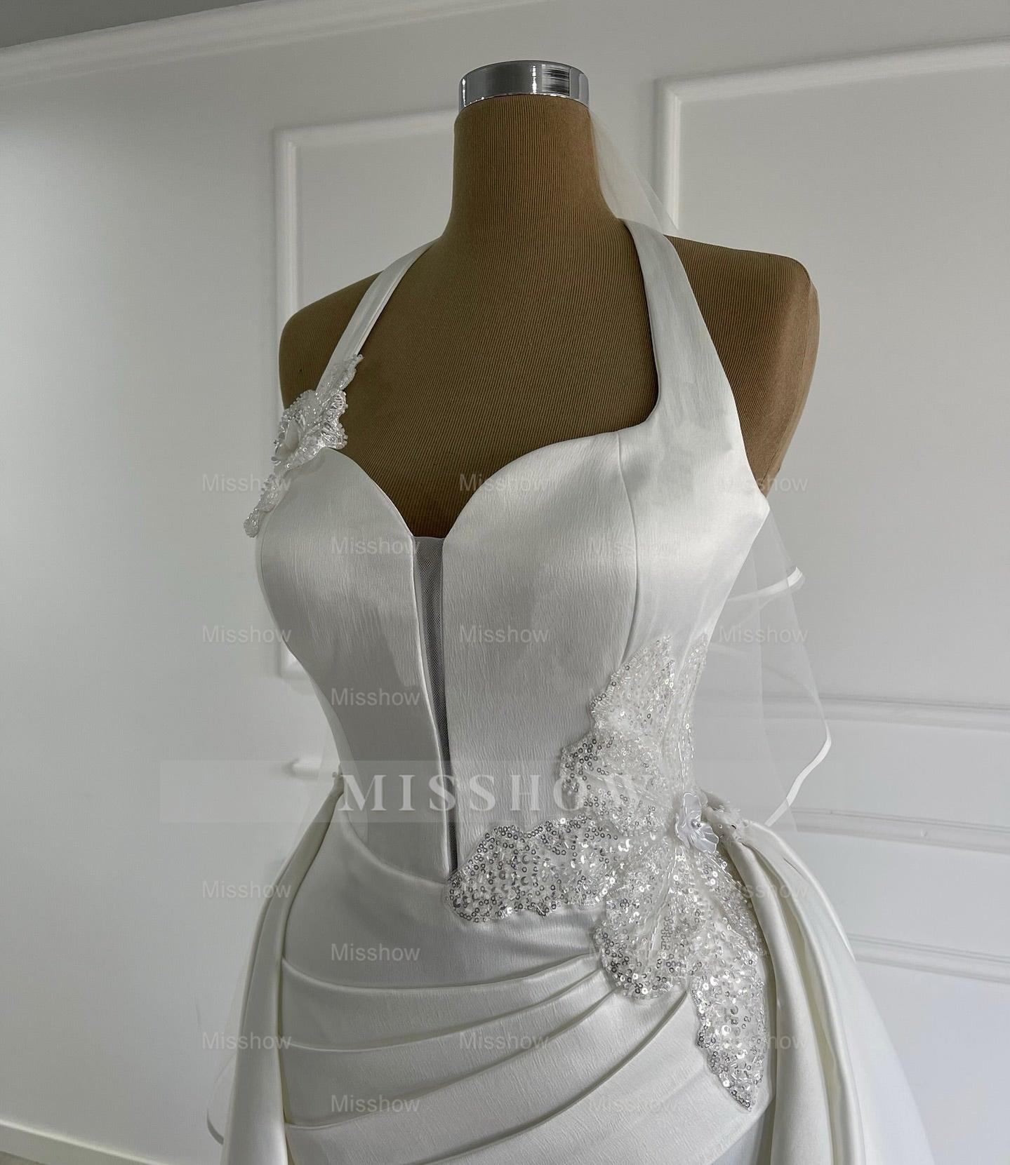 Elegant Ivory Halter Sleeveless Mermaid Wedding Dress with Detachable Train