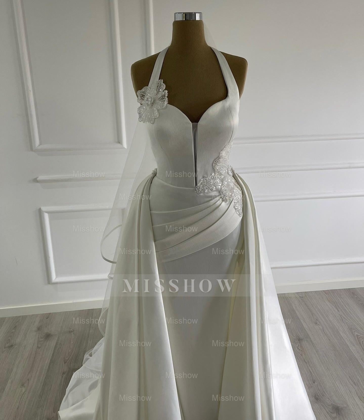 Elegant Ivory Halter Sleeveless Mermaid Wedding Dress with Detachable Train