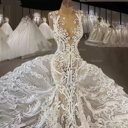 Elegant Ivory Mermaid V-Neck Sleeveless Beaded Lace Cathedral Train Wedding Dress With Pearls