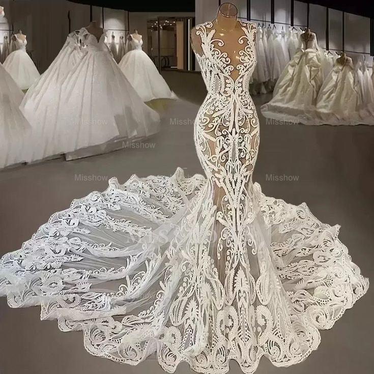Elegant Ivory Mermaid V-Neck Sleeveless Beaded Lace Cathedral Train Wedding Dress With Pearls