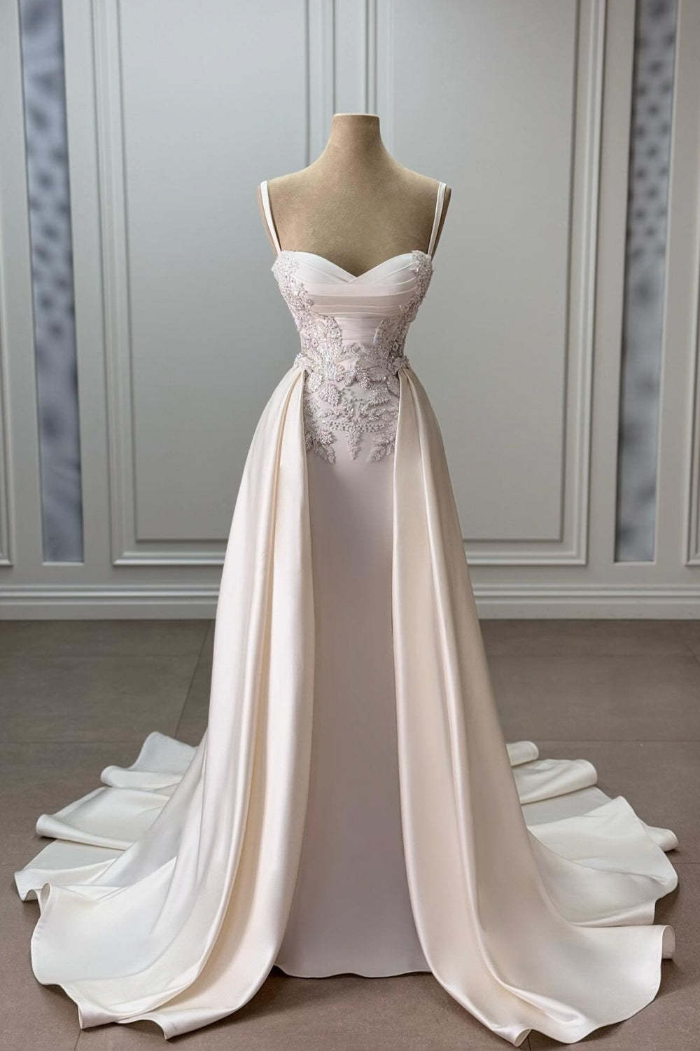 Elegant Ivory Sweetheart Spaghetti Strap Sleeveless Beaded Panel Train Ruffle Long Satin Wedding Dresses