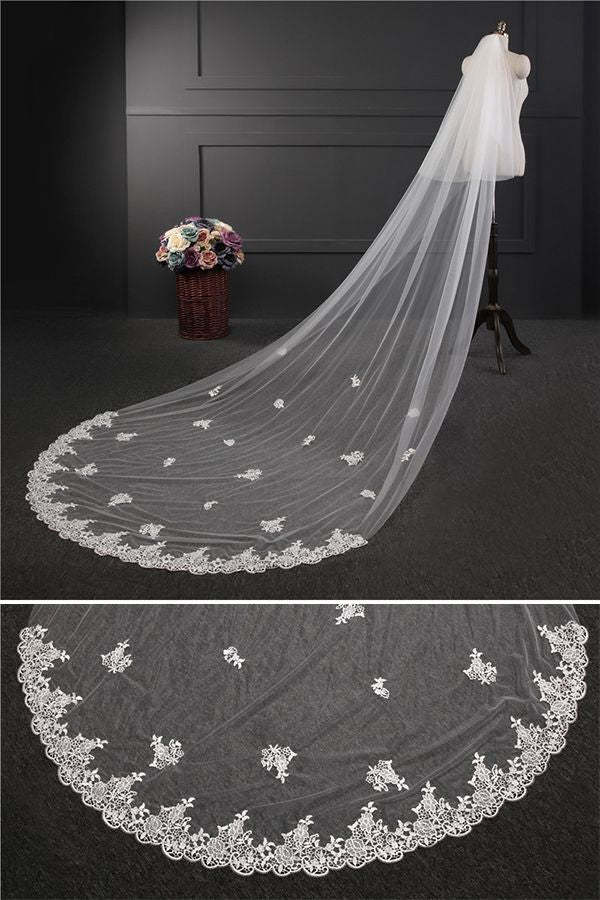 Elegant Lace Applique Edge Wedding Veils with Appliques