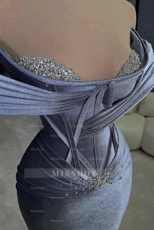 Elegant Lavender Off-The-Shoulder Sleeveless Mermaid Formal Dress with Rhinestones and Sweep Train