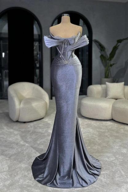 Elegant Lavender Off-The-Shoulder Sleeveless Mermaid Formal Dress with Rhinestones and Sweep Train