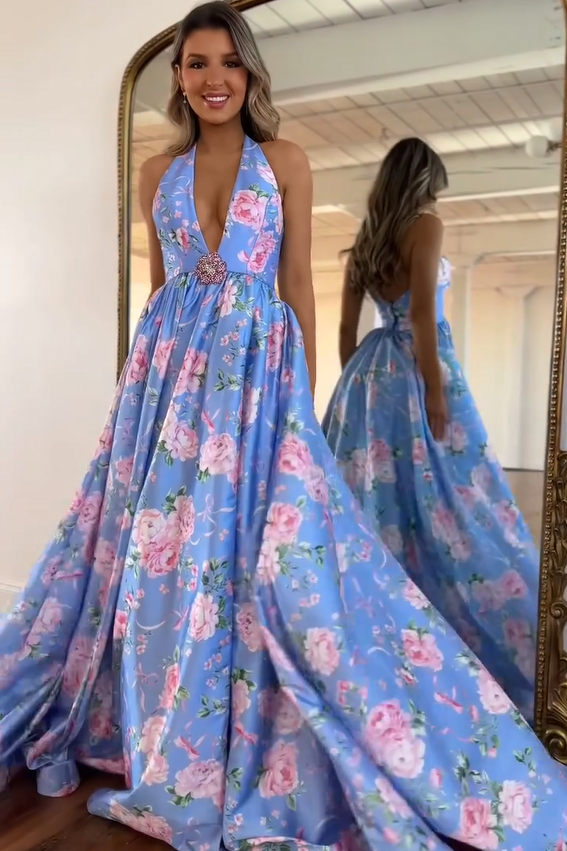 Elegant Long A-line Hater V-neck Floral Open Back Prom Dress