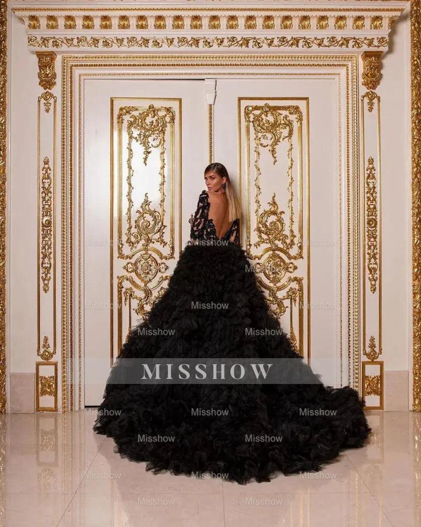 Elegant Long Black Beaded Bodice Tulle Ball Gown Evening Dress with Slit and Ruffles