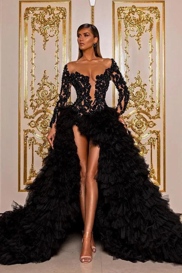 Elegant Long Black Beaded Bodice Tulle Ball Gown Evening Dress with Slit and Ruffles