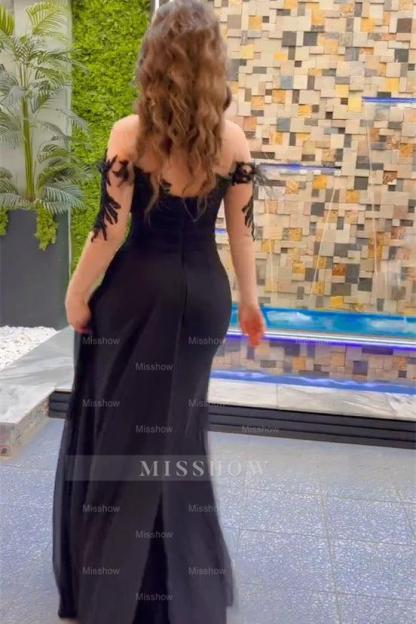 Elegant Long Black Mermaid Chiffon Lace Beading Long Sleeves Prom Dress With Slit