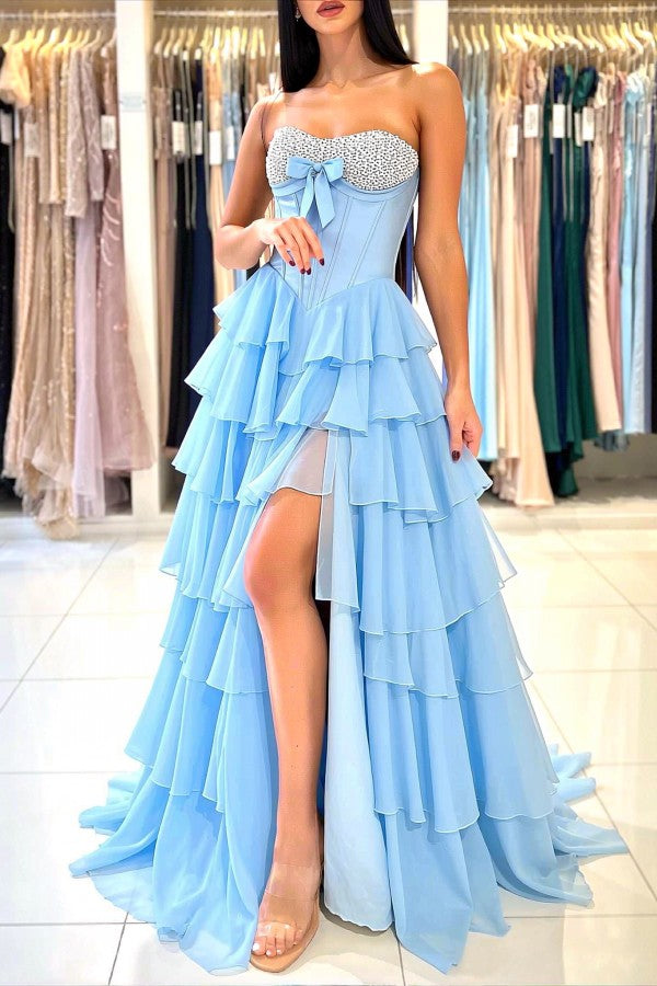 Elegant Long Blue Corset A-line Glitter Prom Dress With Slit