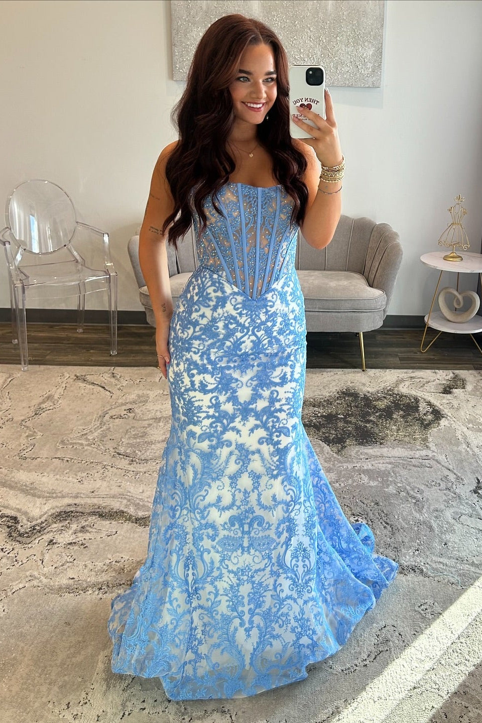 Elegant Long Blue Mermaid Strapless Lace Prom Dress