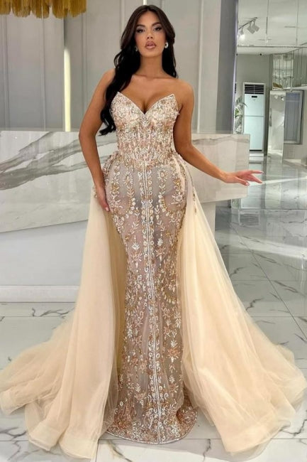 Elegant Long Champagne Mermaid Strapless Lace Glitter Prom Evening Dresses with Detachable Train