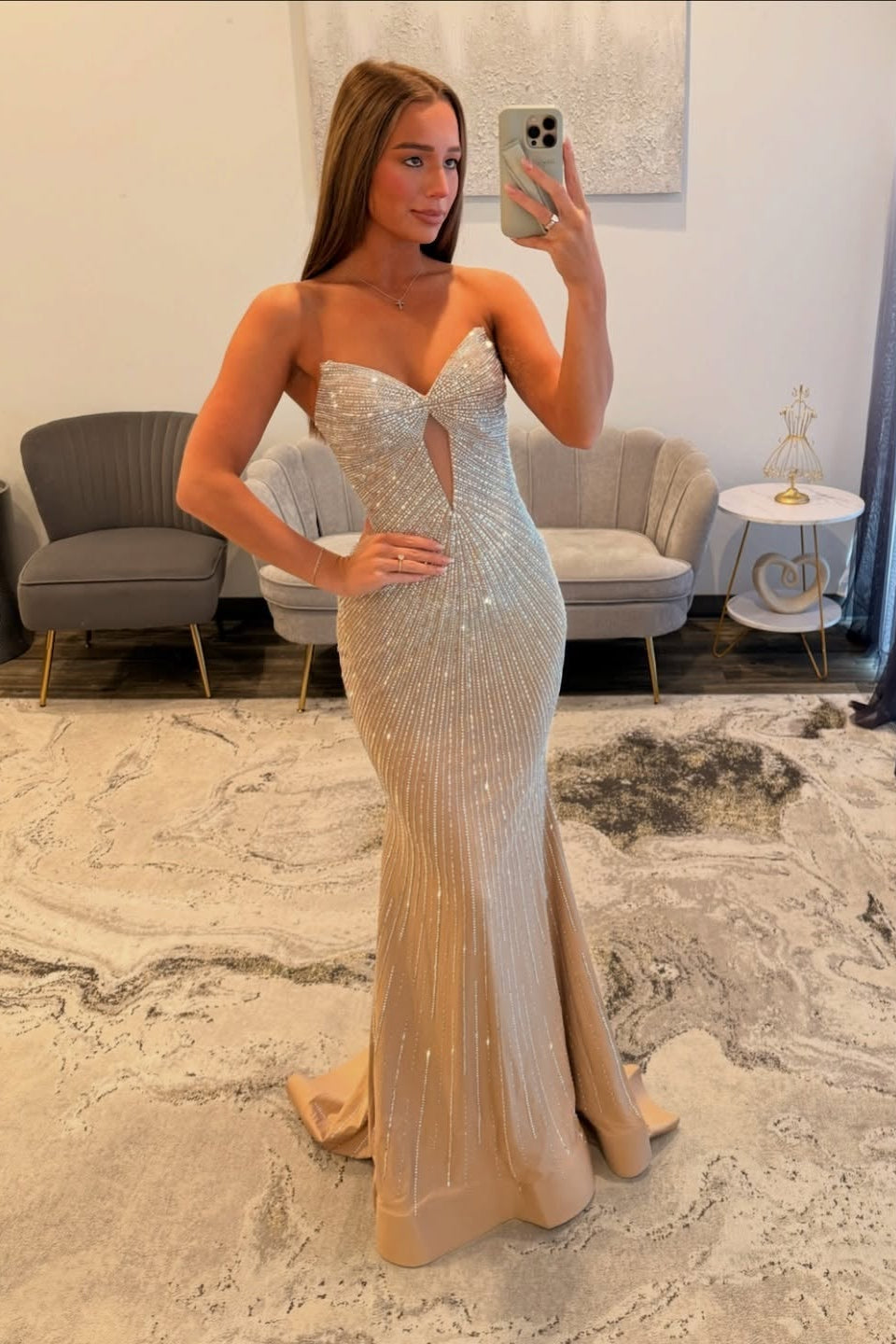 Elegant Long Champagne Mermaid Strapless Sequined Prom Dress