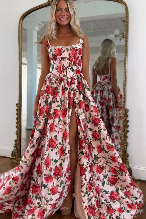 Elegant Long Floral Square Neck A-line Sleeveless Prom Dress with Slit