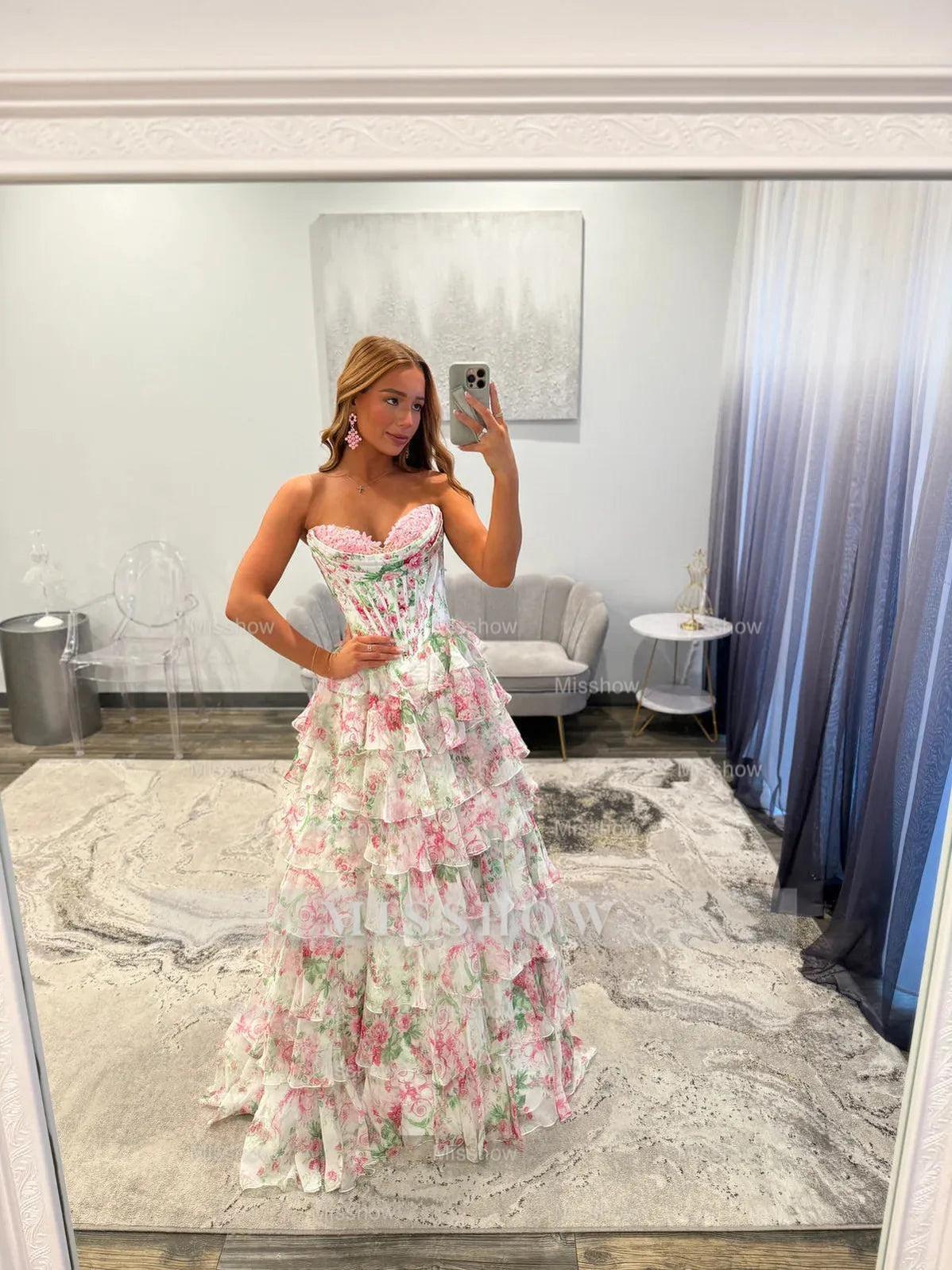 Elegant Long Floral Strapless A-line Chiffon Prom Dress with Slit