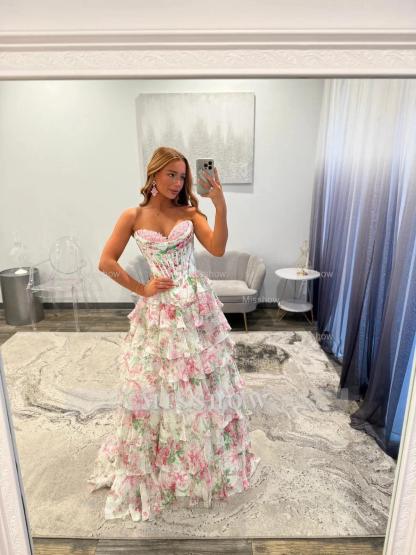 Elegant Long Floral Strapless A-line Chiffon Prom Dress with Slit