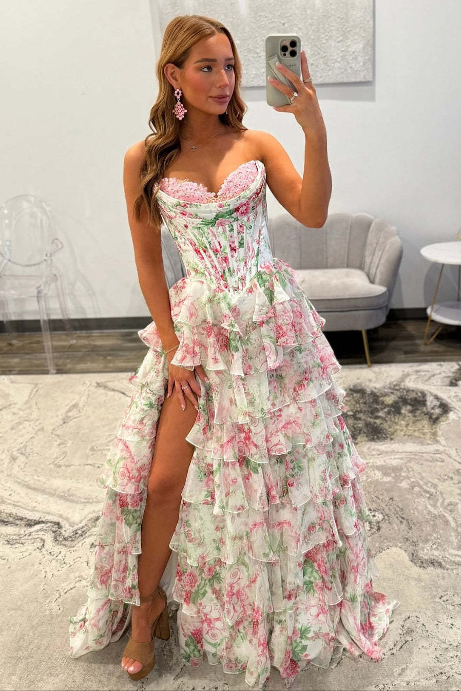 Elegant Long Floral Strapless A-line Chiffon Prom Dress with Slit