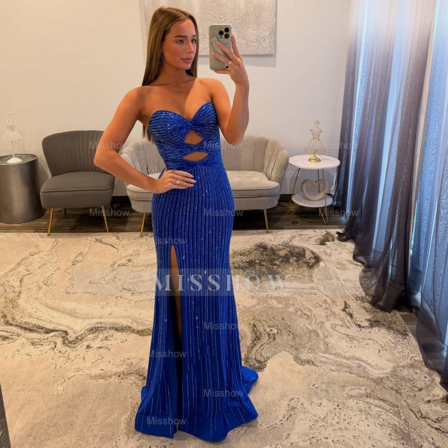 Elegant Long Mermaid Royal Blue Strapless Sequined Prom Dress with Slit