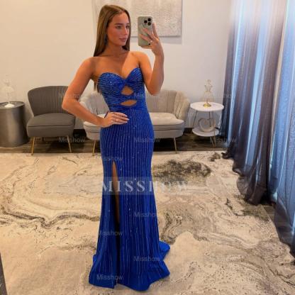 Elegant Long Mermaid Royal Blue Strapless Sequined Prom Dress with Slit