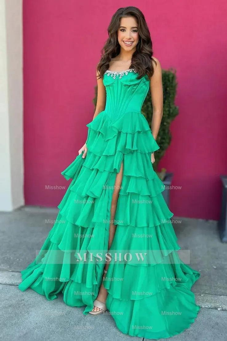 Elegant Long Navy A-line Strapless Beaded Prom Dress with Slit