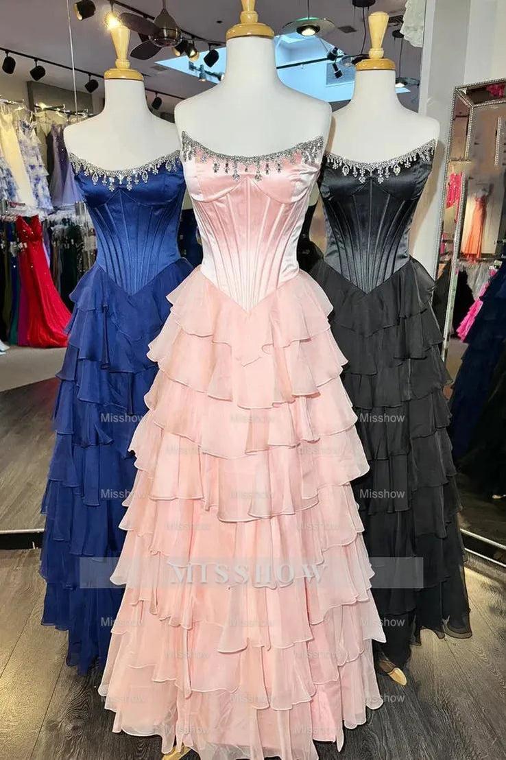 Elegant Long Navy A-line Strapless Beaded Prom Dress with Slit