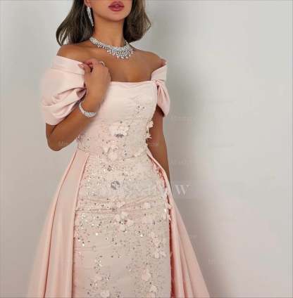 Elegant Long Pink A-line Off-the-shoulder Glitter Appliques Prom Dress with Detachable Train