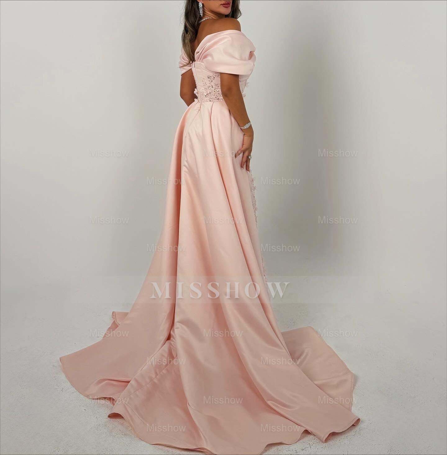 Elegant Long Pink A-line Off-the-shoulder Glitter Appliques Prom Dress with Detachable Train