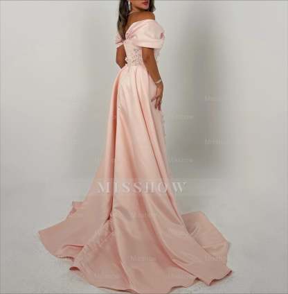 Elegant Long Pink A-line Off-the-shoulder Glitter Appliques Prom Dress with Detachable Train