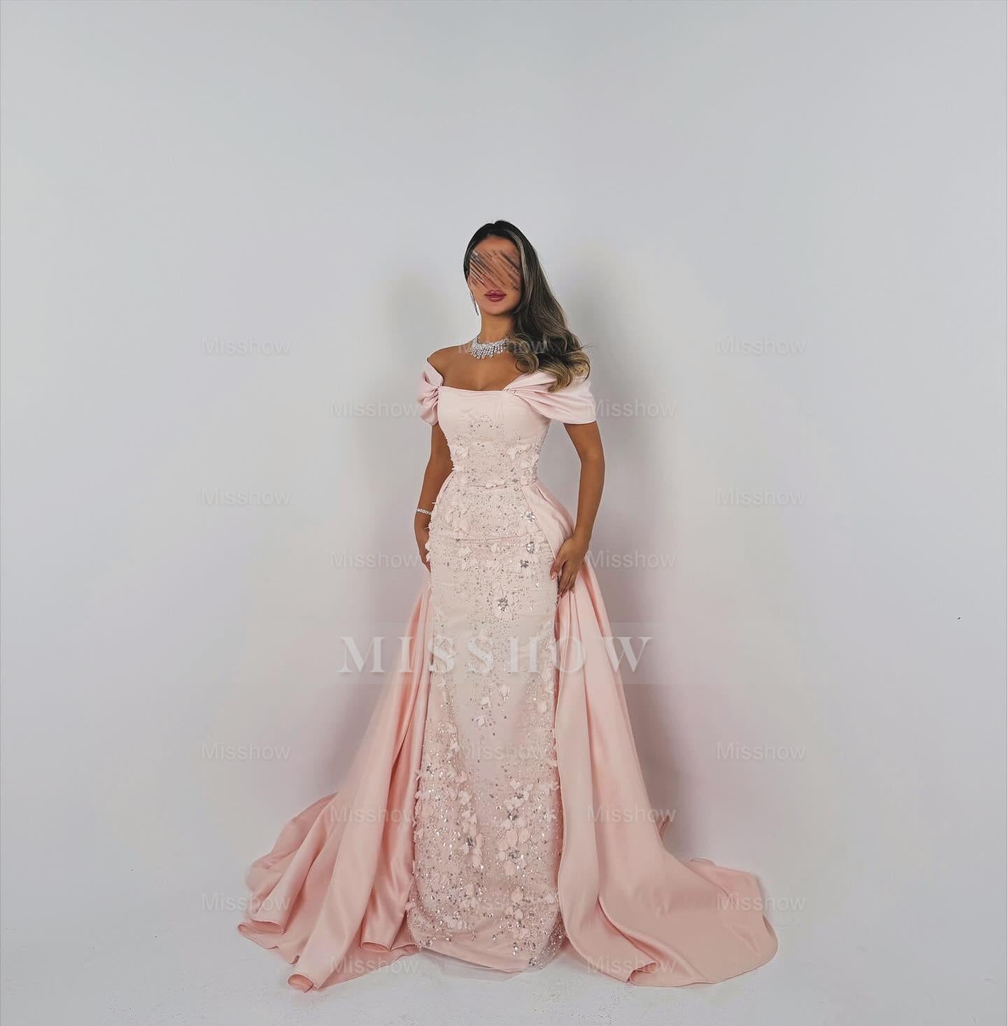 Elegant Long Pink A-line Off-the-shoulder Glitter Appliques Prom Dress with Detachable Train