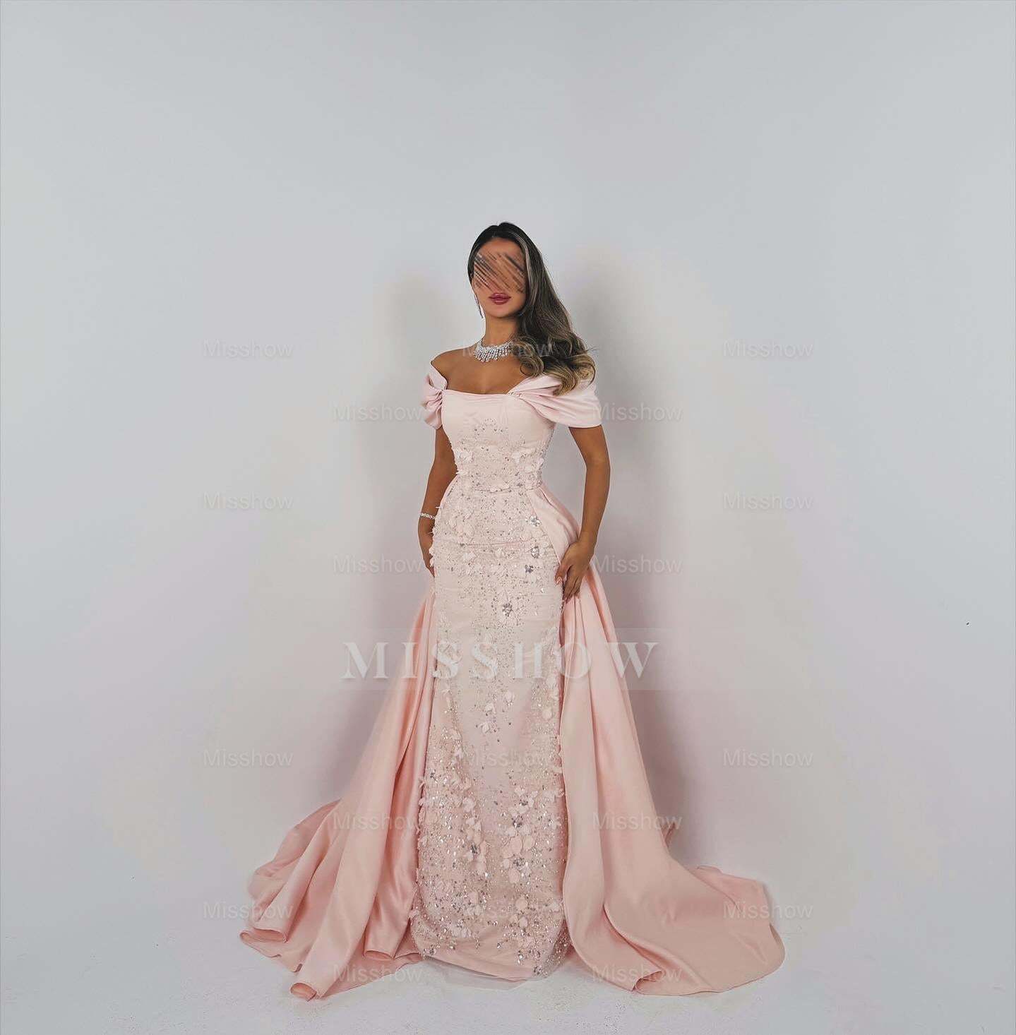 Elegant Long Pink A-line Off-the-shoulder Glitter Appliques Prom Dress with Detachable Train