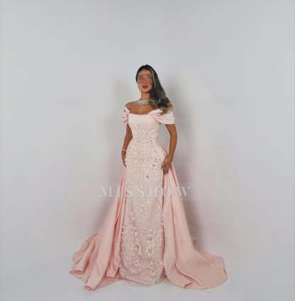 Elegant Long Pink A-line Off-the-shoulder Glitter Appliques Prom Dress with Detachable Train