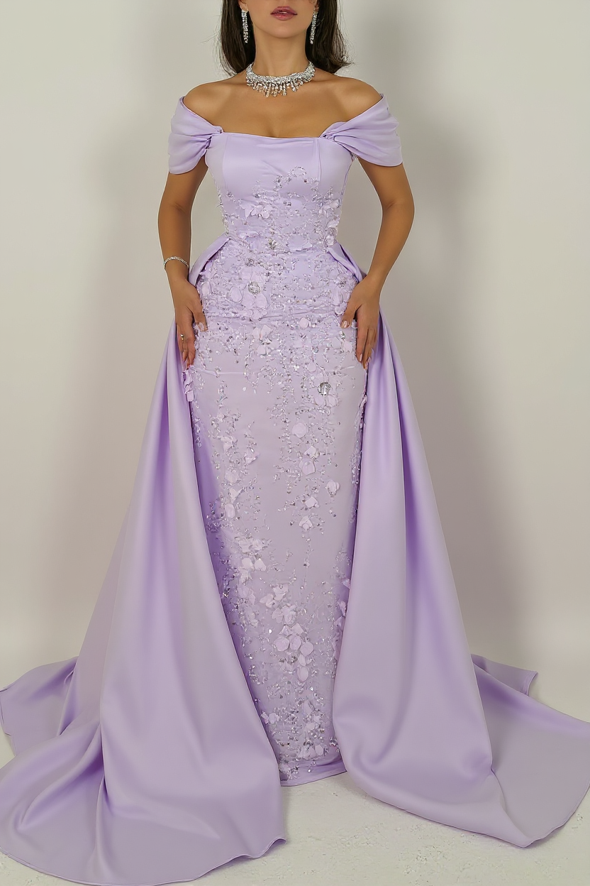 Elegant Long Pink A-line Off-the-shoulder Glitter Appliques Prom Dress with Detachable Train