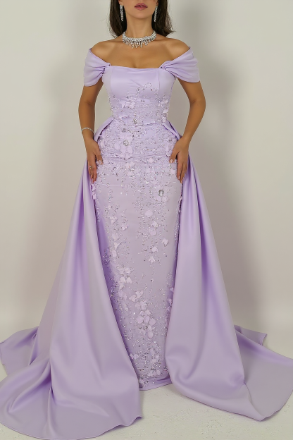 Elegant Long Pink A-line Off-the-shoulder Glitter Appliques Prom Dress with Detachable Train