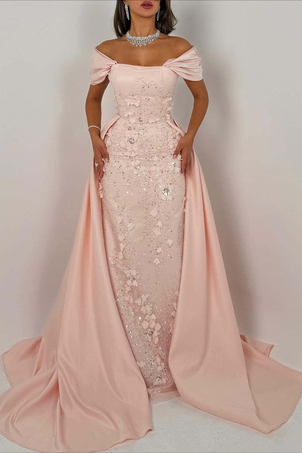 Elegant Long Pink A-line Off-the-shoulder Glitter Appliques Prom Dress with Detachable Train