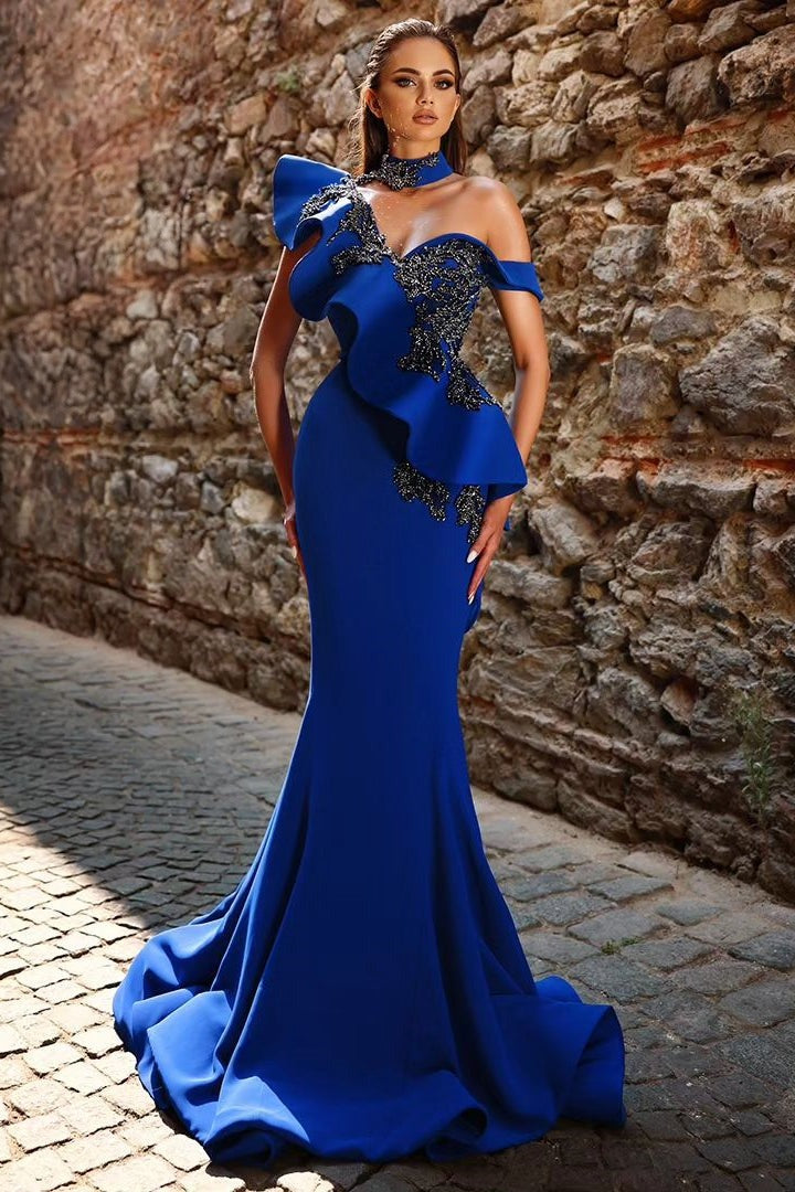 Elegant Long Royal Blue One Shoulder Mermaid Beading Lace Prom Dress With Ruffles