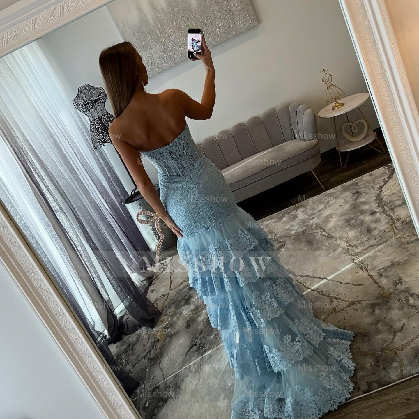 Elegant Long Sky Blue Strapless Lace Cake Prom Dress with Slit