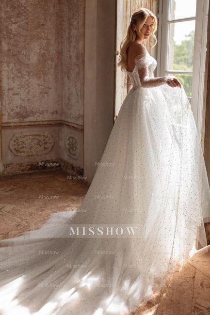Elegant Long White A-line Off-the-shoulder Tulle Rhinestones Pearls Wedding Dress