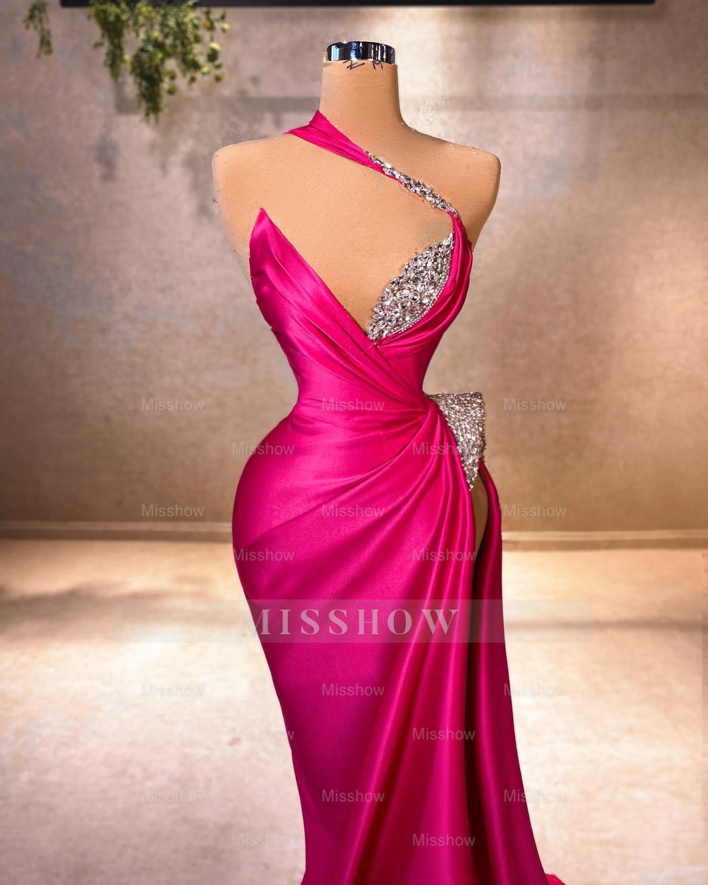Elegant Mermaid V-neck Sleeveless Ruffles Satin Split Front Fuchsia Prom Dress