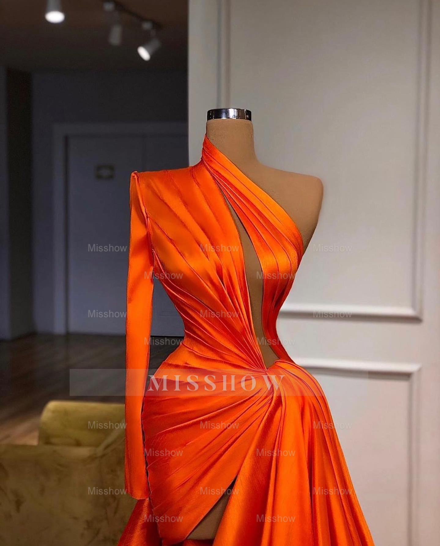 Elegant One Shoulder Long Sleeves Split Front Prom Evening Dresses