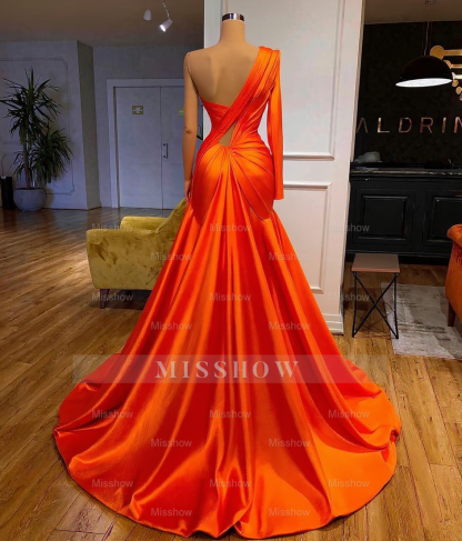 Elegant One Shoulder Long Sleeves Split Front Prom Evening Dresses